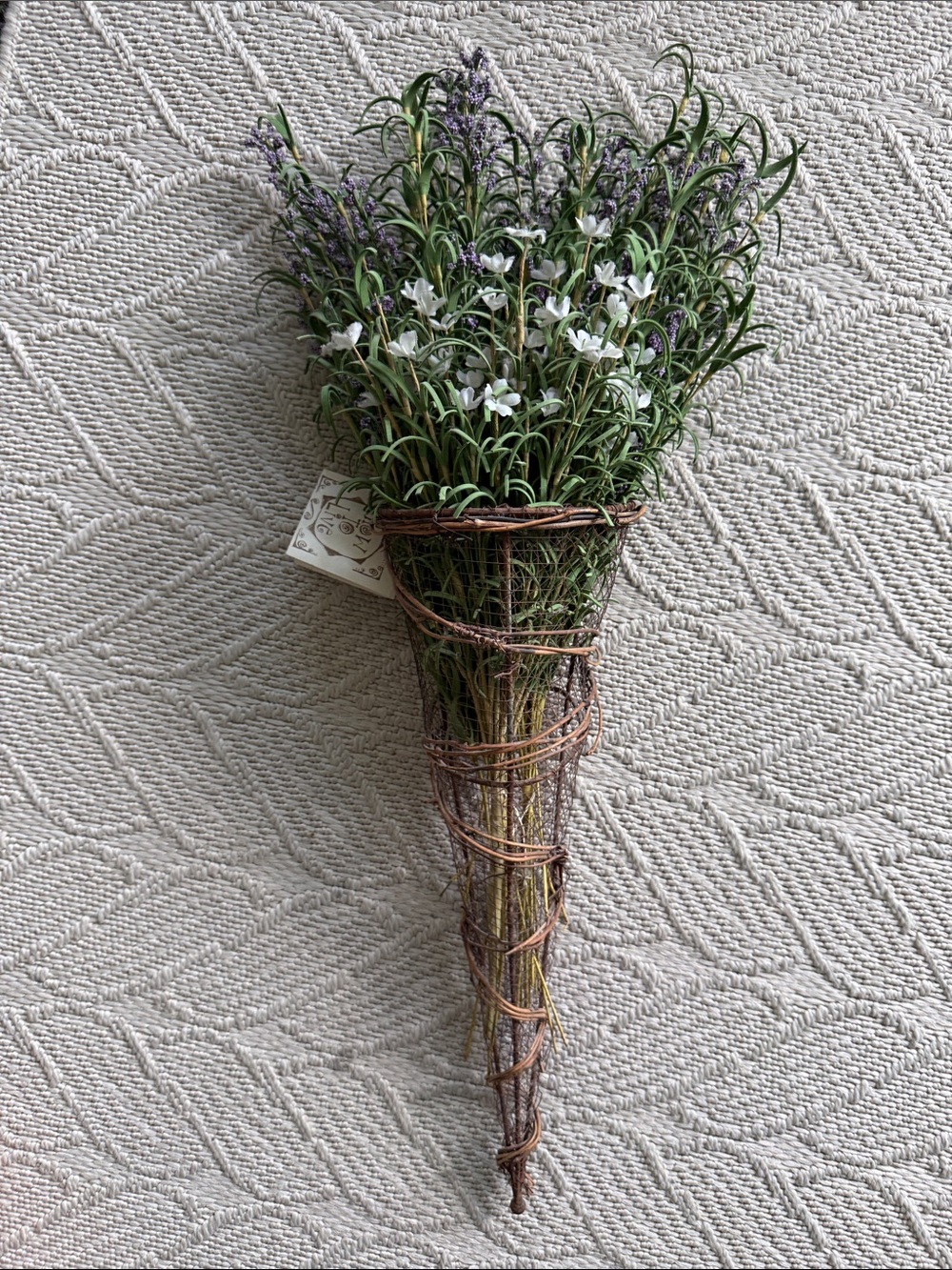 Rustic Wire and Twine Cone Hanging Bouquet Basket Faux Lavender Florals